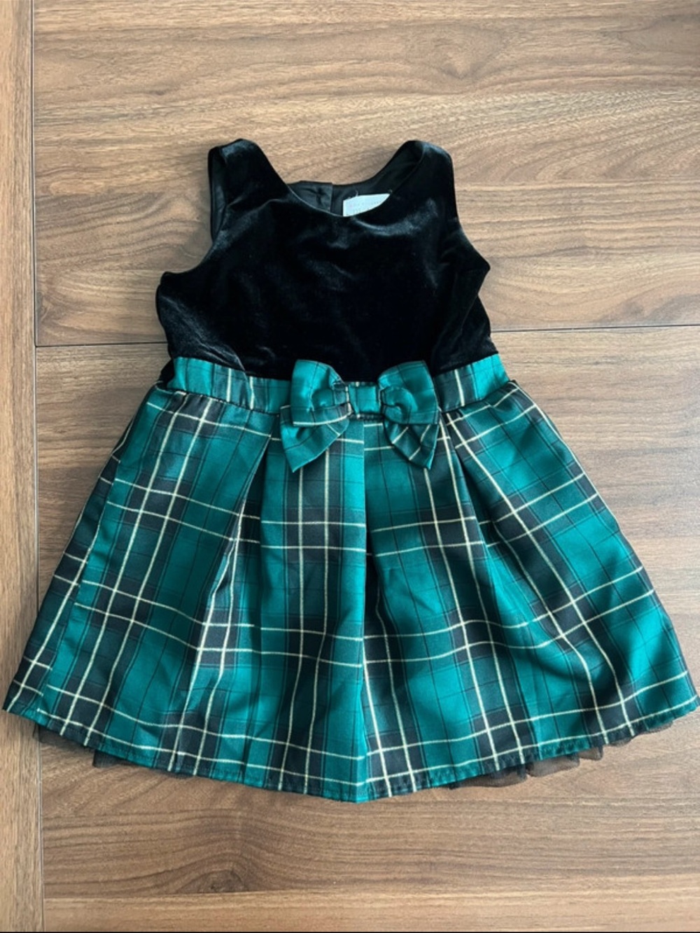 The Children's Place Black Velvet & Teal Plaid Holiday Dress with Bow